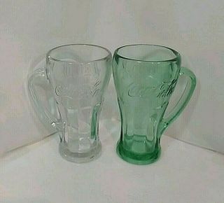 Vintage Coke " Coca - Cola Set Of 2 " Mugs 14fl.  Oz.  Ea.  1) Clear 1) Green Tint.  Euc