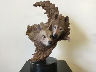 Rick Cain Dual Wolf Wood Sculpture 1996 With Hidden Hand Carvings