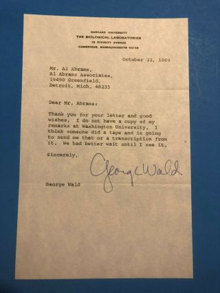 George David Wald (nobel Prize Medicine 1967) Typed Signed Letter 1969 Harvard