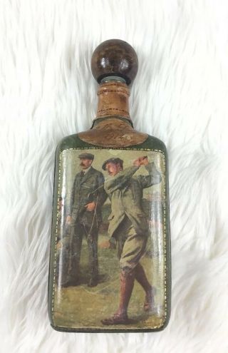 Vtg Fausto Corduri Golf Story Decanter Italy Leather Bottle,  Sticker Man Cave