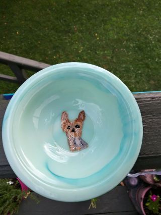 Hand Painted Art Yorkie Yorkshire Terrier Ooak Trinket Dish Milk Glass Vintage