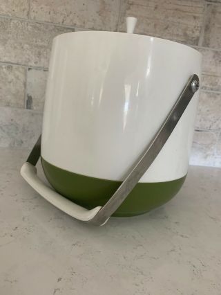 Ice Bucket Mid - Century White & Olive Green Plastic Vintage Modern Retro 9” X 9”