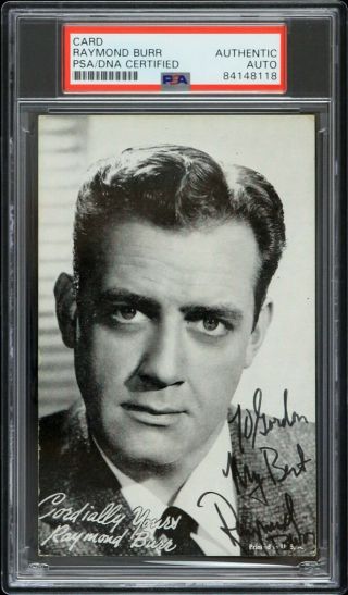 1960s Raymond Burr Perry Mason Signed Exhibit Card (psa/dna Slabbed)