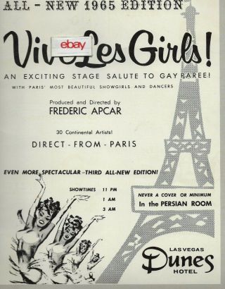 Dunes Hotel & Casino Las Vegas 1965 All Vive Les Girls From Paris Apcar Ad