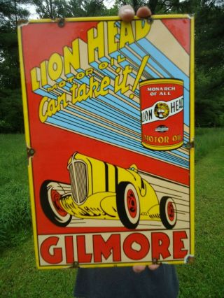 Old 1939 Gilmore Lion Head Motor Oil Porcelain Gas Sign