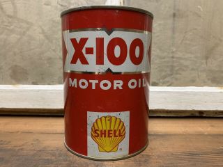 Vintage Shell X - 100 Motor Oil Metal Quart Full Canco Can Gas Advertising