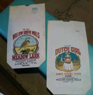 2 Vintage 25lb Dutch Girl & Meadow Lark Flour Bags Luray,  Va.  Willow Grove Mills