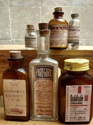 Old Medicine Bottle Hand Crafted,  Opium,  Quaalude,  Cannabis,  Heroin,  Paregoric,  Fenta