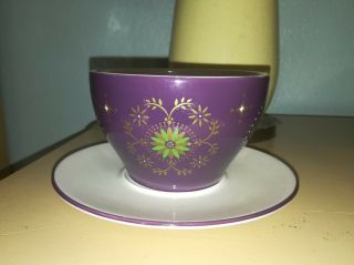 Holiday 2006 Starbucks Gold & Eggplant Purple Star Coffee Cup And Saucer 12 Oz
