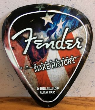 Fender Guitars Make History Pick Shaped Metal Sign 12 " X 10.  5 " Pre - Owned Sh