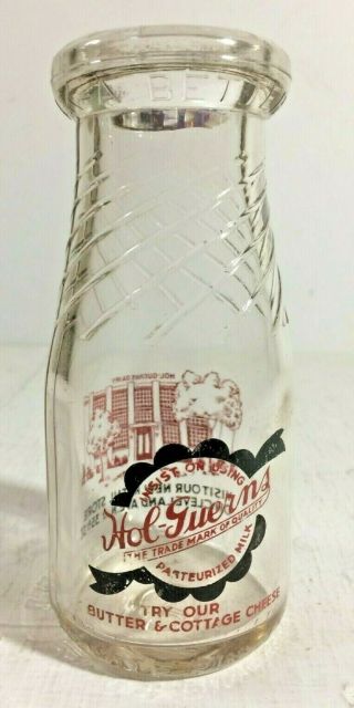 Vintage Hol - Guerns Dairy Half Pint Glass Milk Bottle Food & Beverage Advertising