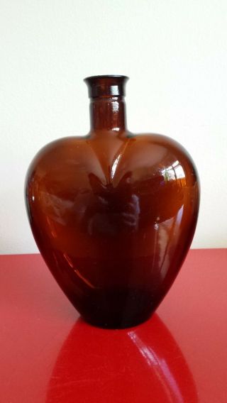 Antique Exc.  Cond.  Dark Amber Brown Heart Shaped Collectible Glass Bottle Flask