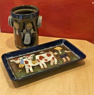 Swiss Folk Art Black Blue Pottery Dish & Utensil Jar Boy And Cows Signed