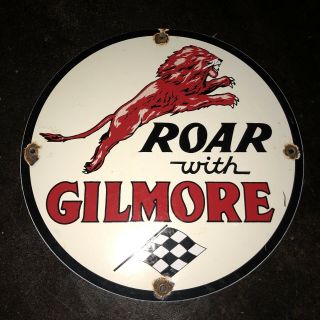 Roar With Gilmore Gasoline Porcelain Sign Pump Plate Service Station Vintage