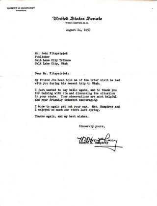 Hubert H.  Humphrey (d.  1978) Signed Letter Autographed U.  S.  Senate Letterhead