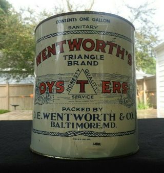 ANTIQUE O E WENTWORTH 1GAL TIN LITHO OYSTER CAN BALTIMORE MARYLAND SEAFOOD MD 2