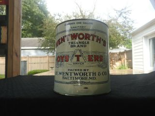 ANTIQUE O E WENTWORTH 1GAL TIN LITHO OYSTER CAN BALTIMORE MARYLAND SEAFOOD MD 3