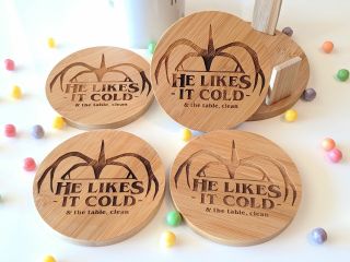 Stranger Things He Likes It Cold Inspired,  Custom Engraved Bamboo Coaster Set Wi