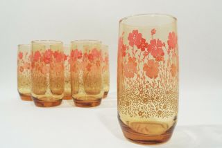Vtg Libbey Pink Coral Peach Floral Amber Yellow Drinking Glasses Set Of 6 Ombre