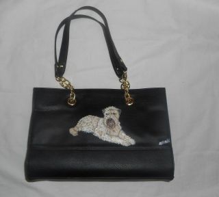 Soft Coated Wheaten Terrier Dog Black Leather Handbag Purse Shoulder Bag Painted