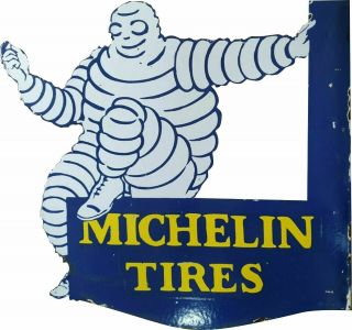 Porcelain Michelin Tires Enamel Sign 20 " X 18 " Inch Round Double Sided
