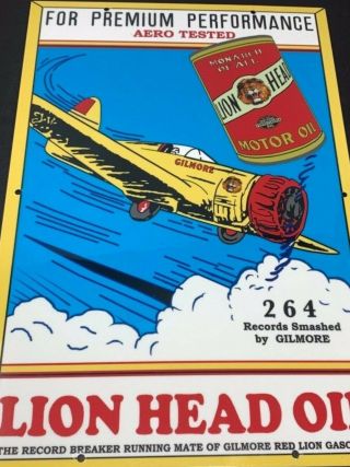 Vintage Gilmore Lion Head Aviation Oil 18 " X 12 " Porcelain Metal Gasoline Sign