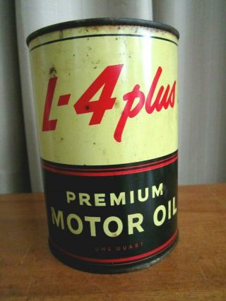 Vintage " L - 4 Plus " Motor Oil 1 Quart Oil Can Empty Tin Premium Motor Oil