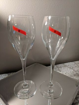2 G.  H.  Mumm Champagne Glasses Flute Tulip Shaped Glasses Red Ribbon W Eagle 7.  5”