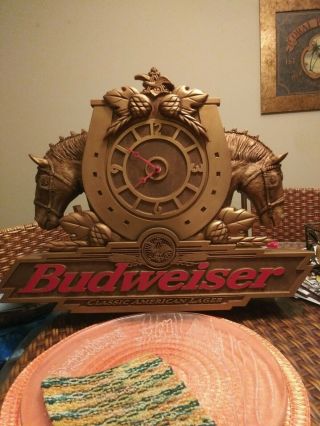 budweiser clydesdale double horse head bar mancave clock vintage brown,  large 2