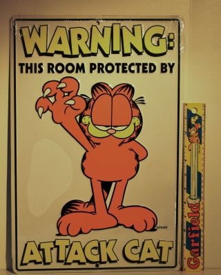 Garfield The Cat Metal Plate Aluminium Tin This Room Protected By Attack Cat