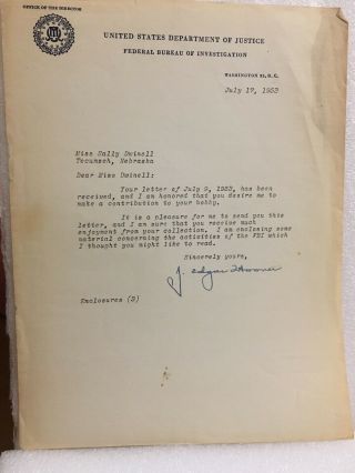 J.  Edgar Hoover Signed Letter (1953) 1st Fbi Director