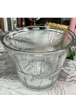 Anchor Hocking Glass Ice Bucket Pail Bushel Basket With Wood Handle Vintage