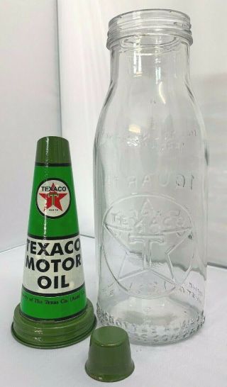 Old Style - 1 Quart Glass Texaco Oil Bottle,  Metal Pourer & Cap.