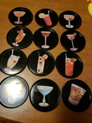 Set Of 12 Vintage Japan Tin Litho Drink Coasters With Cocktail Photo & Recipe