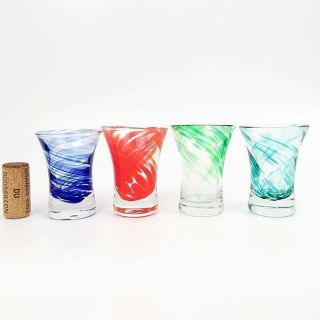 Blown Art Glass Shot Glasses Blue Green Teal Orange Swirl Colors Set of 4 2