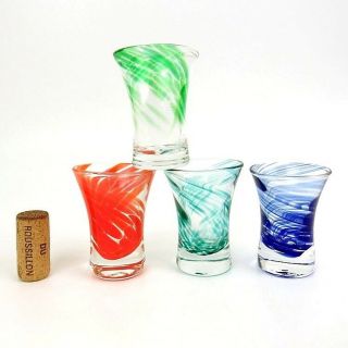 Blown Art Glass Shot Glasses Blue Green Teal Orange Swirl Colors Set of 4 3