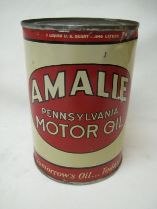 Vintage 1938 Quart Amalie Pennsylvania Metal Motor Oil Can,  Opened At Bottom