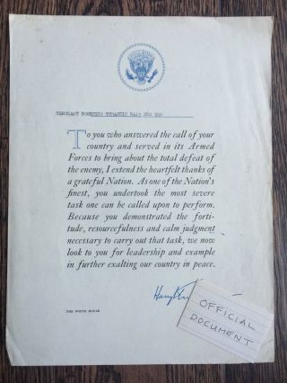 White House President Harry Truman Signed Document Armed Forces Letter