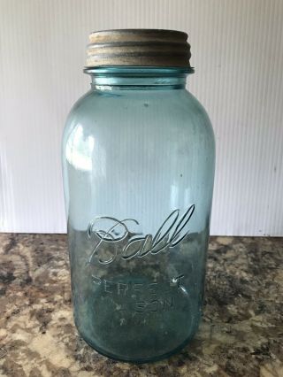 Vintage Ball Perfect Mason Fruit Canning Jar Blue Half Gallon 13 W Zinc Lid