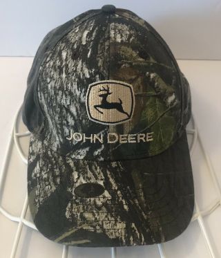 John Deere Snapback Hat Green Camo Camouflage Embroidered Logo Spellout Cap Euc