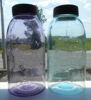 Very Scarce Imperial Half Gallon Crown Jars - Aqua And Amythest - Canadian