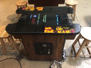 Bally Midway Ms.  Pac Man Cocktail Table Arcade Game With 2 Stools