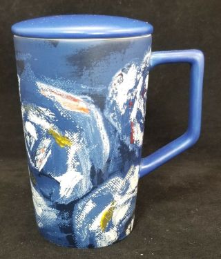 Starbucks Coffee Teavana 2016 Blue Abstract Painted Tea Cup & Lid Tall 12oz Mug