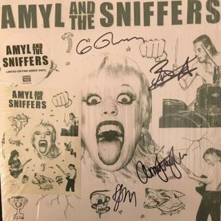 Signed Amyl And The Sniffers Green Coloured Vinyl Lp Record,  Sticker Sheet