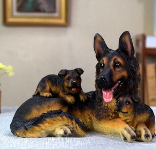 Black German Shepherd Mother & Son Dog Hand Painted Resin Figurine Statue