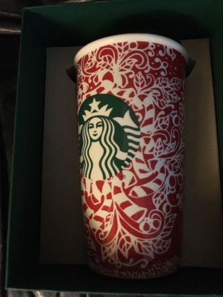 Starbucks Christmas Ceramic Travel Cup 12 Oz.  Candy Cane 2016 Nwt