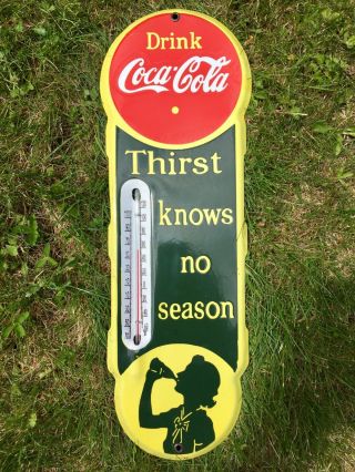18”x6” Coca - Cola Sillohette Girl Green Version Porcelain Advertising Thermometer
