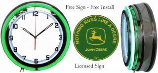 Nothing Runs Like A John Deere Green Sign With 19 " Neon Clock Green Neon