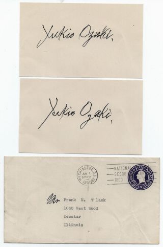 (2) Yukio Ozaki (d.  1954) Signed 3x5 Index Cards - Mayor Of Tokyo