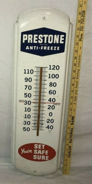 Antique Unusual Prestone Anti Freeze Tin Litho Thermometer Sign Car Auto Gas Oil